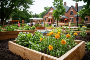 Vibrant community garden with raised wooden beds filled with green leafy vegetables and bright yellow flowers, set in neighborhood with brick houses and trees