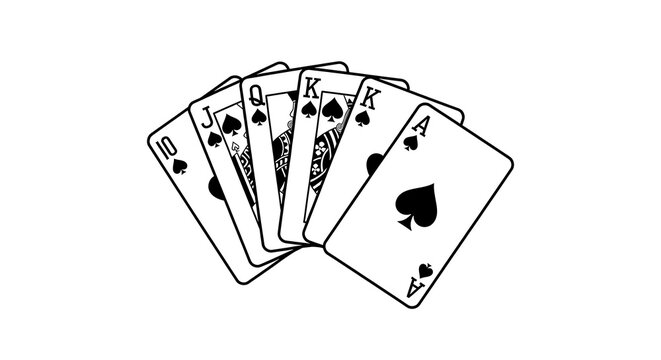 Black and white illustration of a hand holding a straight flush of spades playing cards