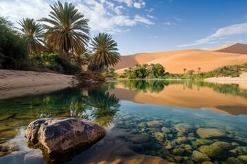 Fototapeta premium Serene desert oasis with clear water, palm trees, sand dunes, and blue sky reflecting in calm water, creating peaceful and natural landscape scene