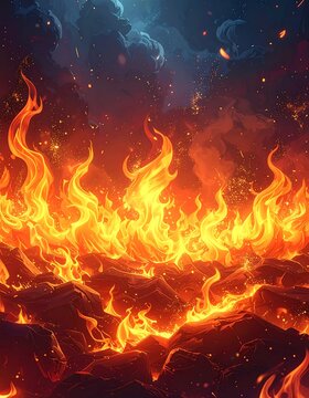 Fiery digital art depicting hellish flames and rocky terrain