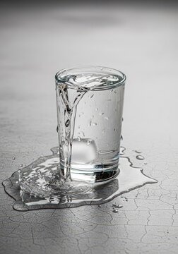 Clear glass beverage cup overflowing and actively leaking water onto a dry surface, symbolizing waste, maintenance, or problems, repair, wet, container