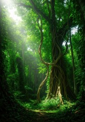 Fototapeta premium Dense, vibrant green tropical jungle with towering trees and thick vines. Sunlight filters through the lush canopy, highlighting the wet, humid environment, environment, exotic, tranquil