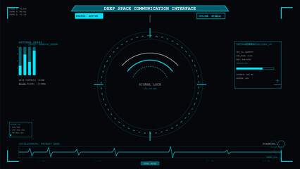 Futuristic deep space communication interface showing active signal lock and data stream