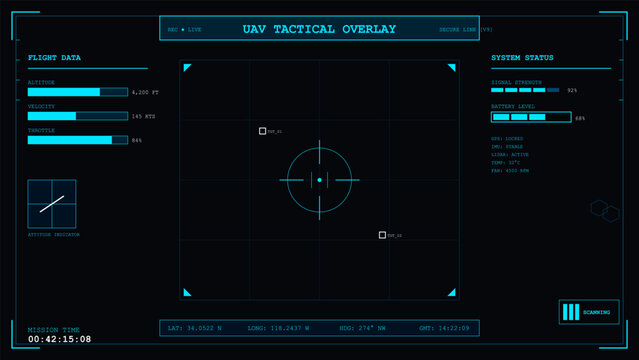 Futuristic tactical drone overlay display showing flight data and target tracking interface