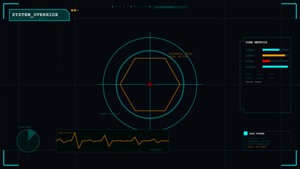Abstract heads up display showing a locked target within a hexagonal frame on a dark background