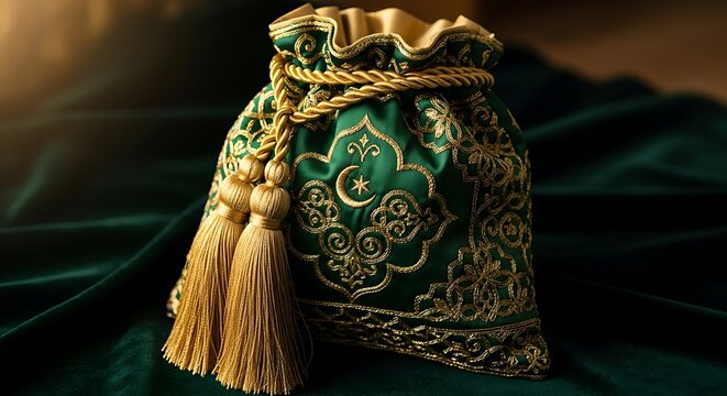 Traditional Green Silk Potli Bag with Golden Zardozi Floral Embroidery and Decorative Tassels for Festive Occasions