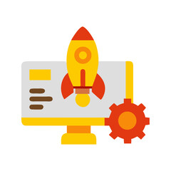 A vibrant illustration of a computer monitor with a rocket launching from it, symbolizing digital growth and innovation. Vector