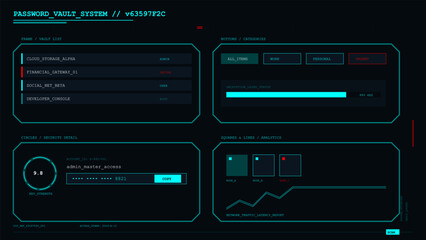 Futuristic password vault system dashboard interface with security details and network analytics display