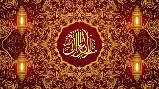 Intricate islamic art featuring the shahada with ornate lanterns on the sides