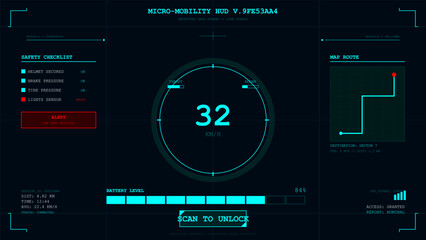 Futuristic micro-mobility vehicle heads-up display interface with navigation and diagnostics