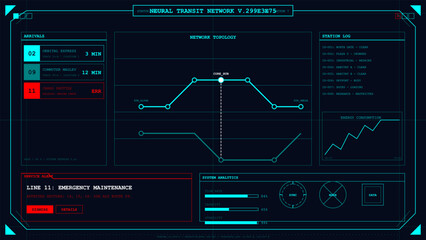 Dark futuristic user interface screen with network topology and real-time system analytics