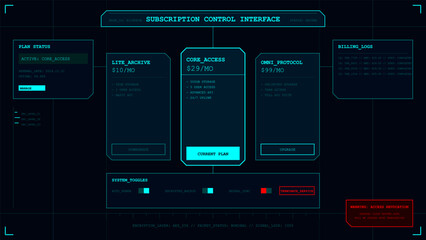 Futuristic user interface screen showing subscription plans, billing logs, and system control options