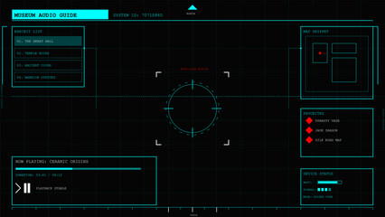 Digital screen display of a museum audio guide system with exhibit details and map tracking