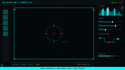 Futuristic heads-up display interface with camera settings and processing nodes