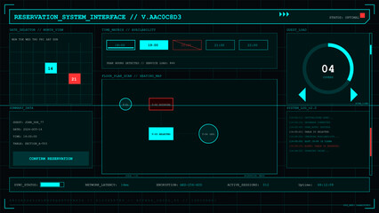 Futuristic reservation system interface with data visualization and seating map display