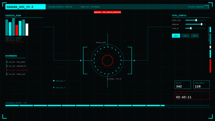 Futuristic heads-up display interface for a digital reader with data analysis and system status monitoring