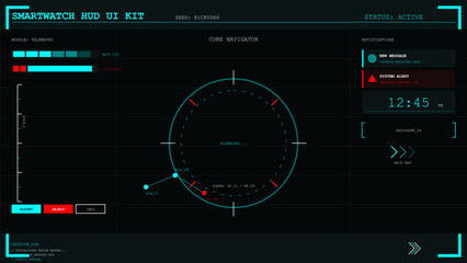 Futuristic smartwatch heads-up display user interface kit with navigation and system alerts