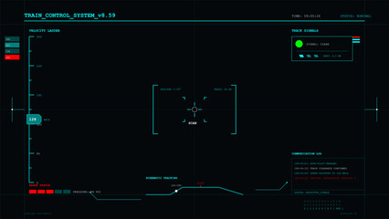 Futuristic train control system dashboard display with velocity ladder and track signals