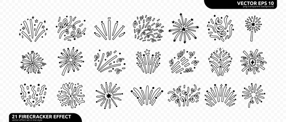 Doodle Sparkle Confetti Firecracker Firework Effect Kit. Hand Drawn Celebrate Firework Element Bundle in transparent png background. Line Vector Illustration