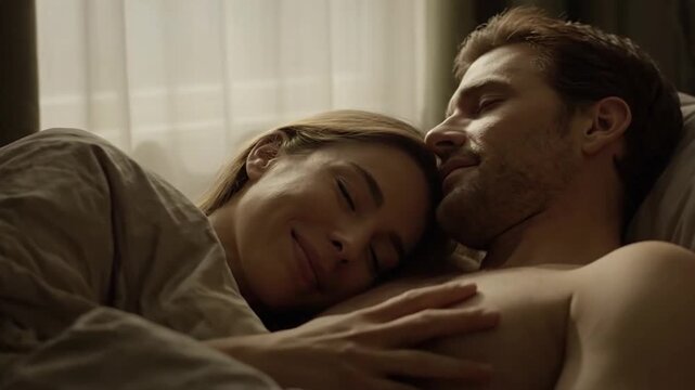 Intimate close-up of a sleeping couple in bed with a man resting his head near a woman's face in a cozy indoor setting with soft natural light.