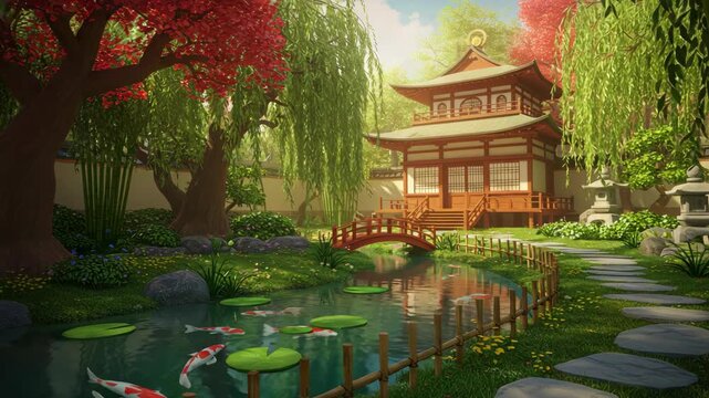 Pixelated Japanese Garden Featuring a Temple Pond and Koi Fish with Vibrant Red Trees Green Foliage and Stone Lanterns on a Sunny Day