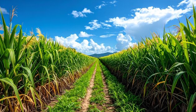 Lush green sugarcane fields stretch towards a vibrant blue sky with fluffy white clouds scattered above
