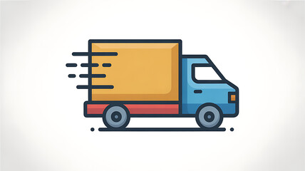 Minimal delivery truck icon vector symbol in motion with yellow box and blue cab on white background