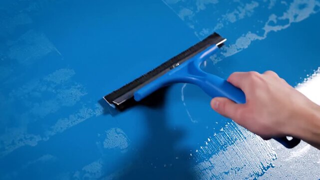 Hand holding squeegee cleaning glass window with soap suds on a bright blue background from a high angle viewpoint