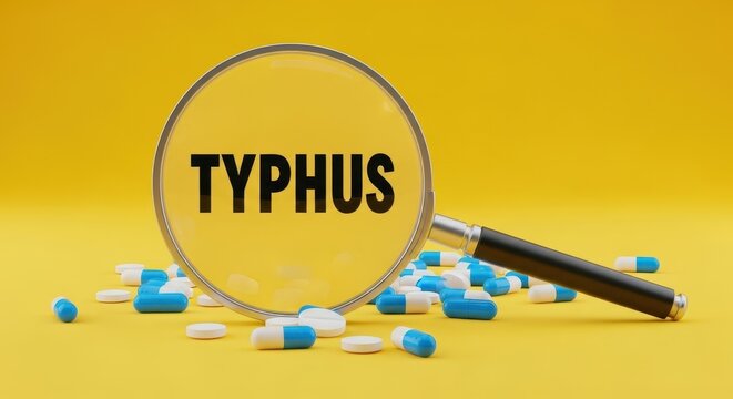 Magnifying glass focuses on the word Typhus amidst scattered medical pills on a bright yellow background, representing disease research and treatment.