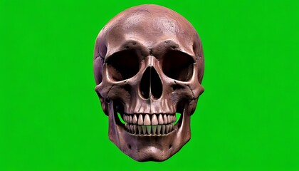 Obraz premium A detailed, frontal view of a human skull, showing complete skeletal structure. Presented against a bright, solid green background