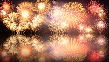 Fototapeta premium A vibrant display of fireworks bursting in various colors, reflecting beautifully on a dark surface