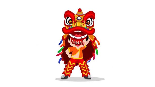Cute cartoon illustration of a happy child wearing a colorful traditional Chinese lion dance costume, performing joyful lion dance movements on a clean white background.