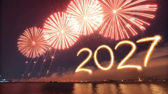 New Year 2027 Fireworks Display Over Water with Golden Light Trails, Cinematic Motion