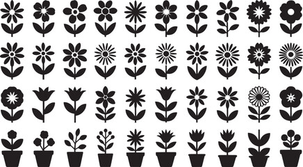 Fototapeta premium Collection of stylized black floral icons on a white background
