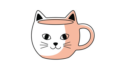 Obraz premium Adorable illustration of a white and peach colored cat shaped coffee mug with ears and a cute face design.
