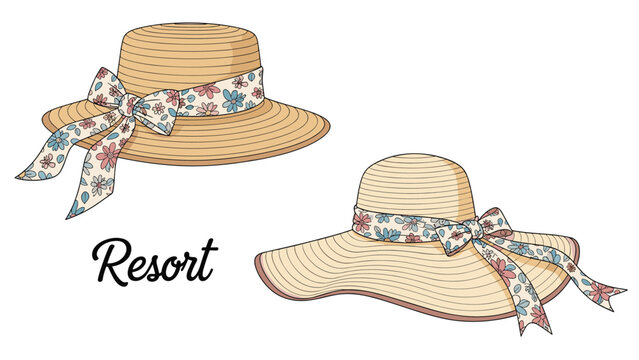 Two stylish straw sun hats for a resort vacation featuring blue and pink floral ribbons and bows isolated on a plain white background.