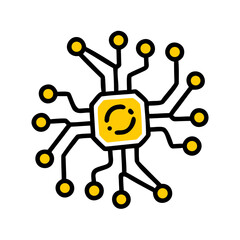 A stylized illustration of a happy brain connected to a network of nodes Vector