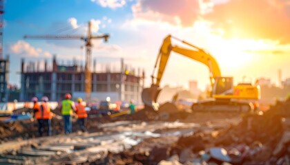A construction site scene with workers and machinery, illuminated by a beautiful sunset backdrop