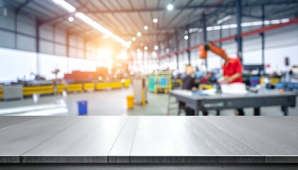 A blurred industrial workshop scene with an empty wooden table in the foreground, showcasing activity in the background