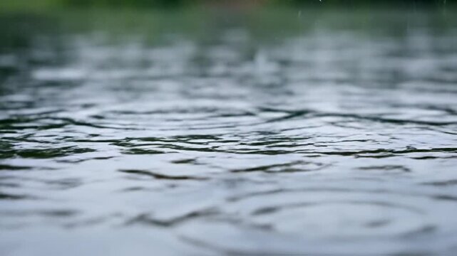 Ripples on calm water surface with raindrops creating circular waves in a serene natural setting