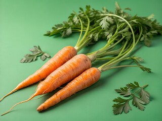 "Carrots with leaves on green background, photorealistic, studio shot, isolated"
