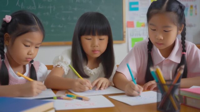 Asian schoolgirls focusing on their work