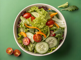 "Fresh salad bowl on green background, top view, realistic textures, high detail"
