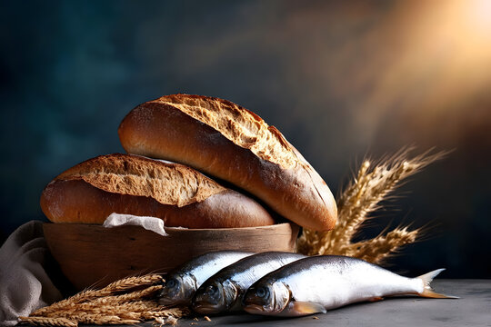 Catholic still life of five loaves of bread and two fish.