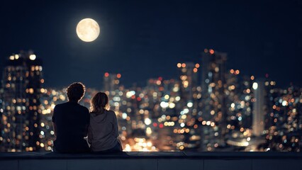 Naklejka premium Romantic Night View Couple Overlooking City Skyline Under a Full Moon