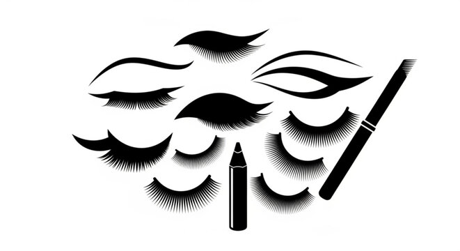 Collection of artificial eyelashes and eyeliner for makeup application and beauty enhancement