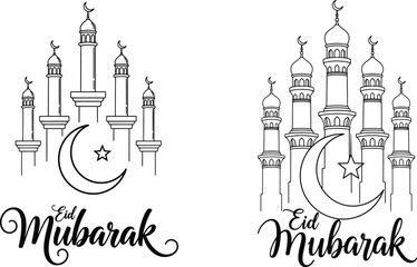 Fototapeta premium Eid mubarak illustration featuring mosque outlines crescent moon and star symbols