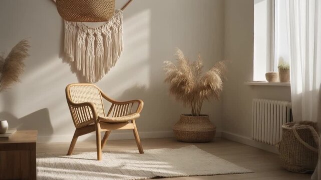 Modern Bohemian Living Room Interior with Stylish Rattan Chair, Pampas Grass, and Macrame Wall Hanging under Soft Sunlight
