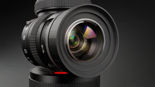 Professional Video Camera Lens Rotating and Zooming Out on Dark Background with Lens Flares