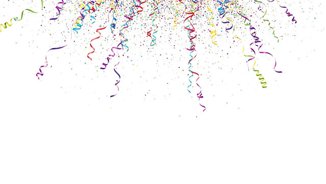 Colorful streamers and confetti exploding in a festive atmosphere, creating a lively scene of celebration